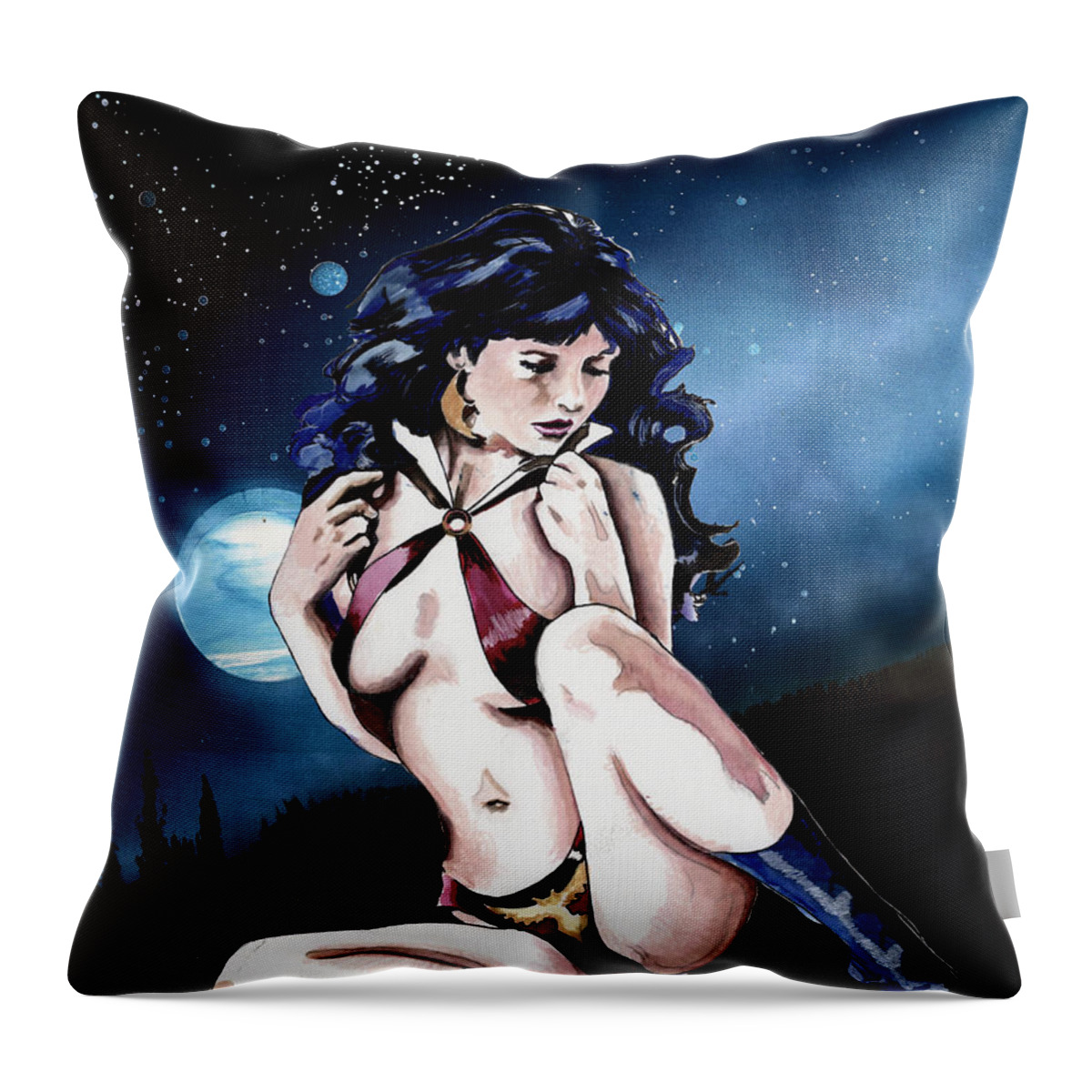 Vampirella Throw Pillow featuring the drawing Moonlight Vampirella by Bill Richards