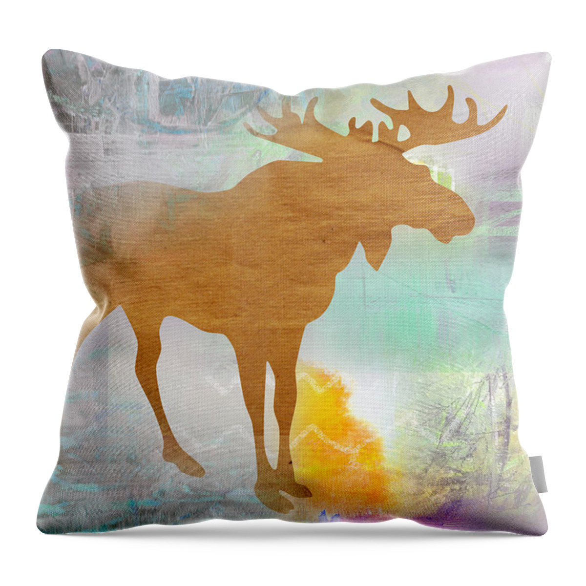 Fog Throw Pillow featuring the mixed media Moose in the fog by Claudia Schoen