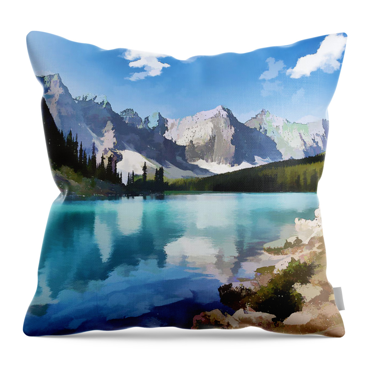 Park Throw Pillow featuring the painting Moraine Lake at Banff National Park by Jeelan Clark