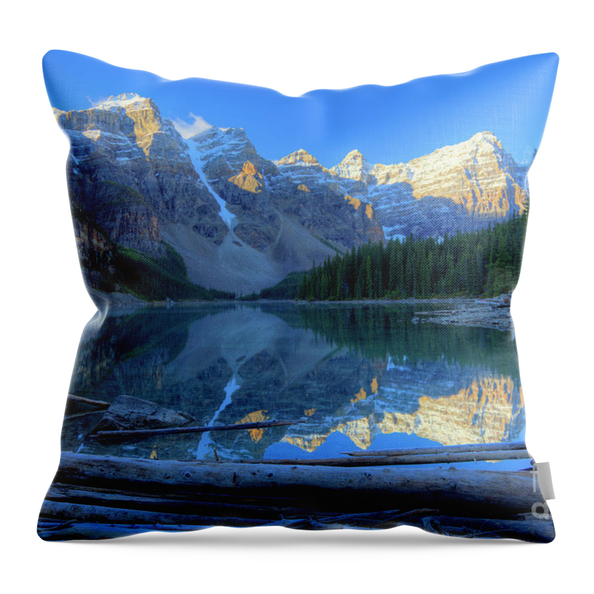 Autumn Throw Pillow featuring the photograph Moraine Lake Sunrise Blue Skies Logs by Wayne Moran