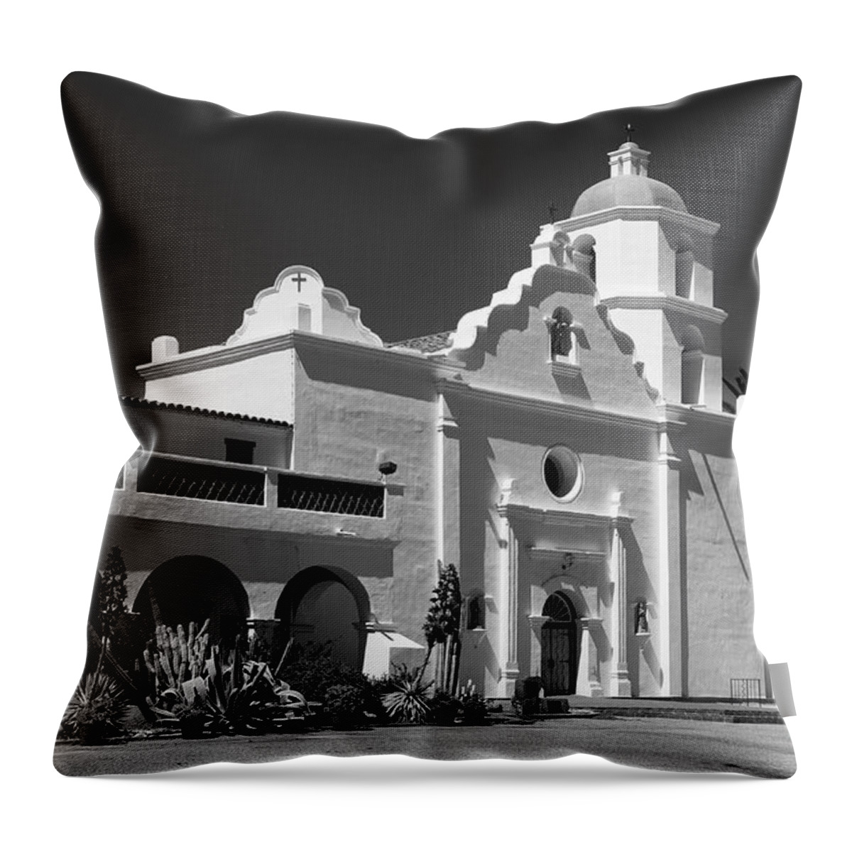Black & White Throw Pillow featuring the photograph Morning At San Luis Rey Mission by Sandra Bronstein