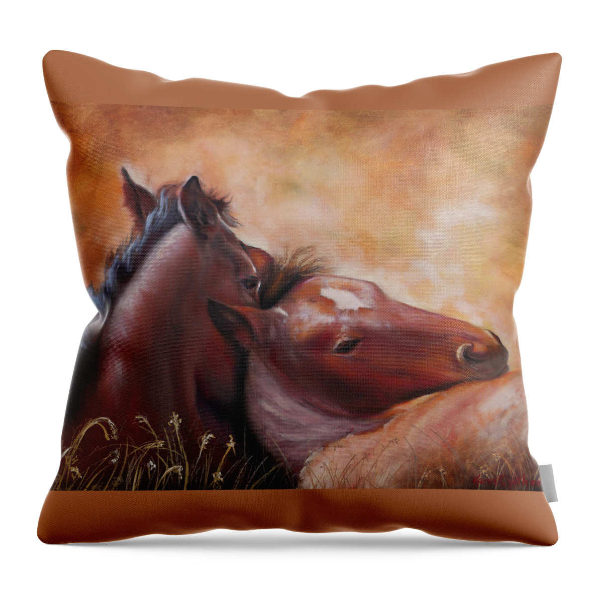 Southwestern Equine Art Throw Pillow featuring the painting Morning Foals by Karen Kennedy Chatham