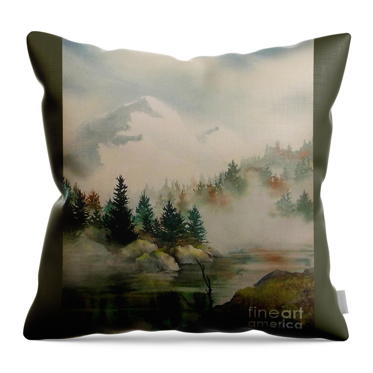 Morning Fog Southeast Alaska Throw Pillow featuring the painting Morning Fog Southeast Alaska by Teresa Ascone