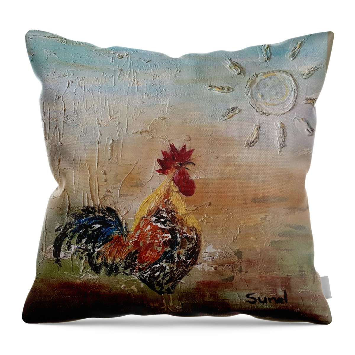 Rooster Throw Pillow featuring the painting Morning has come by Sunel De Lange
