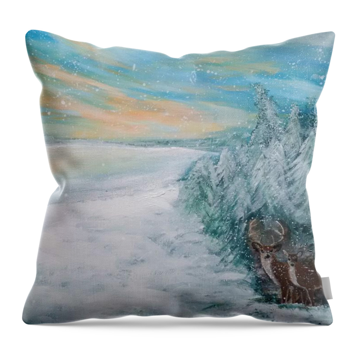Inspiration Came From A Recent Weekend Up In Northern Ontario Where 2 Days Prior The Temps Were Almost T-shirt Weather Throw Pillow featuring the painting Shelter from the Snow by Lynne McQueen