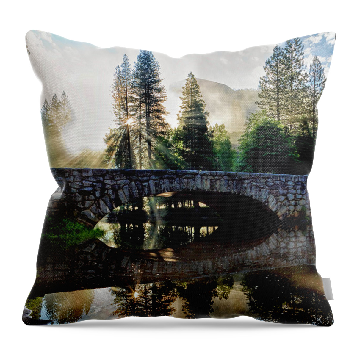 Patricia Sanders Throw Pillow featuring the photograph Morning Light Along The Merced River by Her Arts Desire