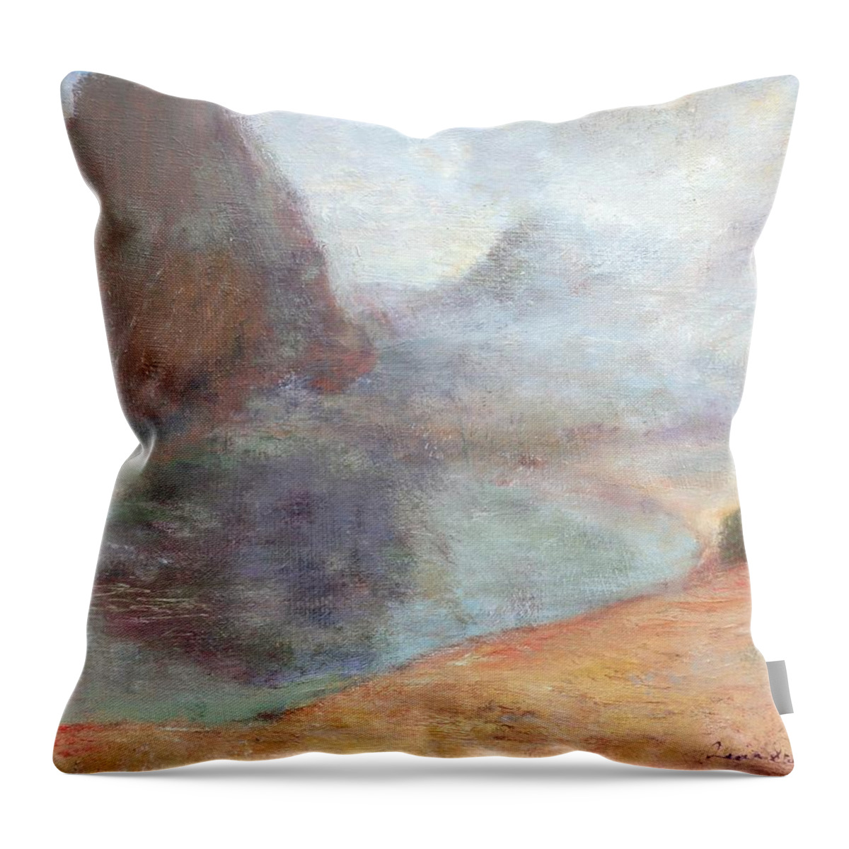 Quin Sweetman Throw Pillow featuring the painting Morning Mist - Original Contemporary Impressionist Painting - Seascape with Fog by Quin Sweetman