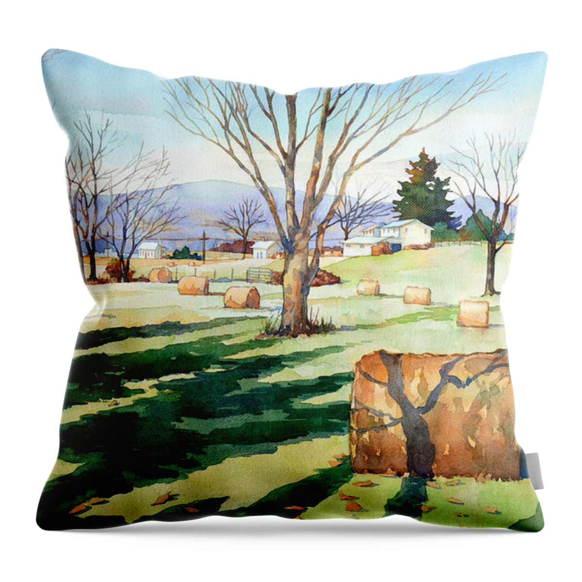 Watercolor Throw Pillow featuring the painting Morning Sun on Haybales by Mick Williams