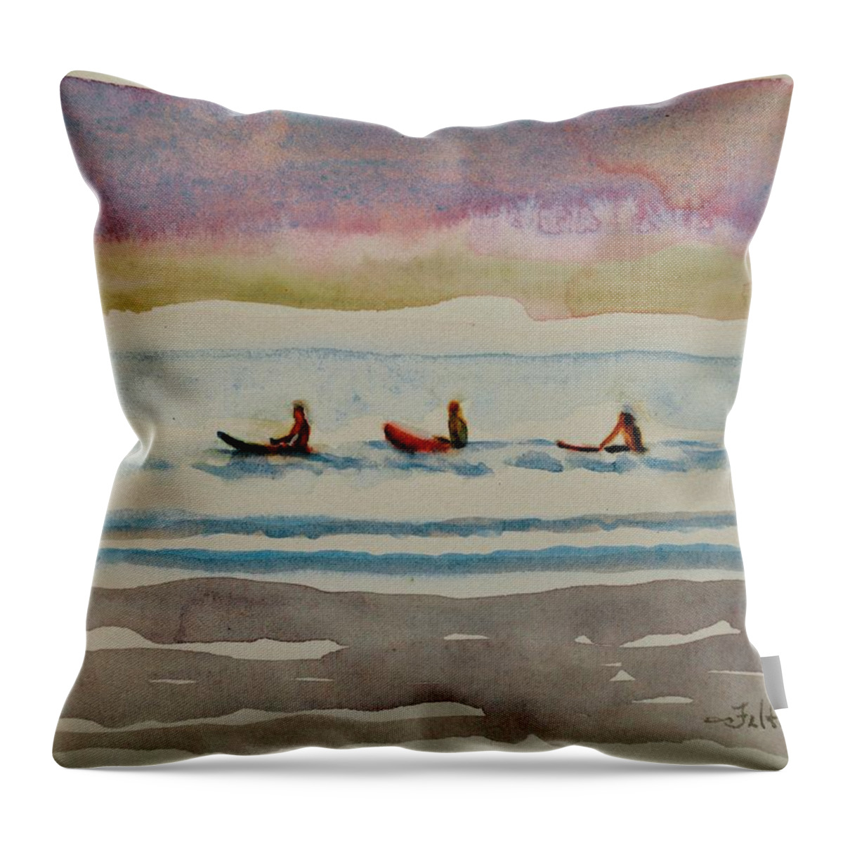 Surfer Paintings Throw Pillow featuring the painting Morning surfers 8-16-17 Julianne Felton by Julianne Felton