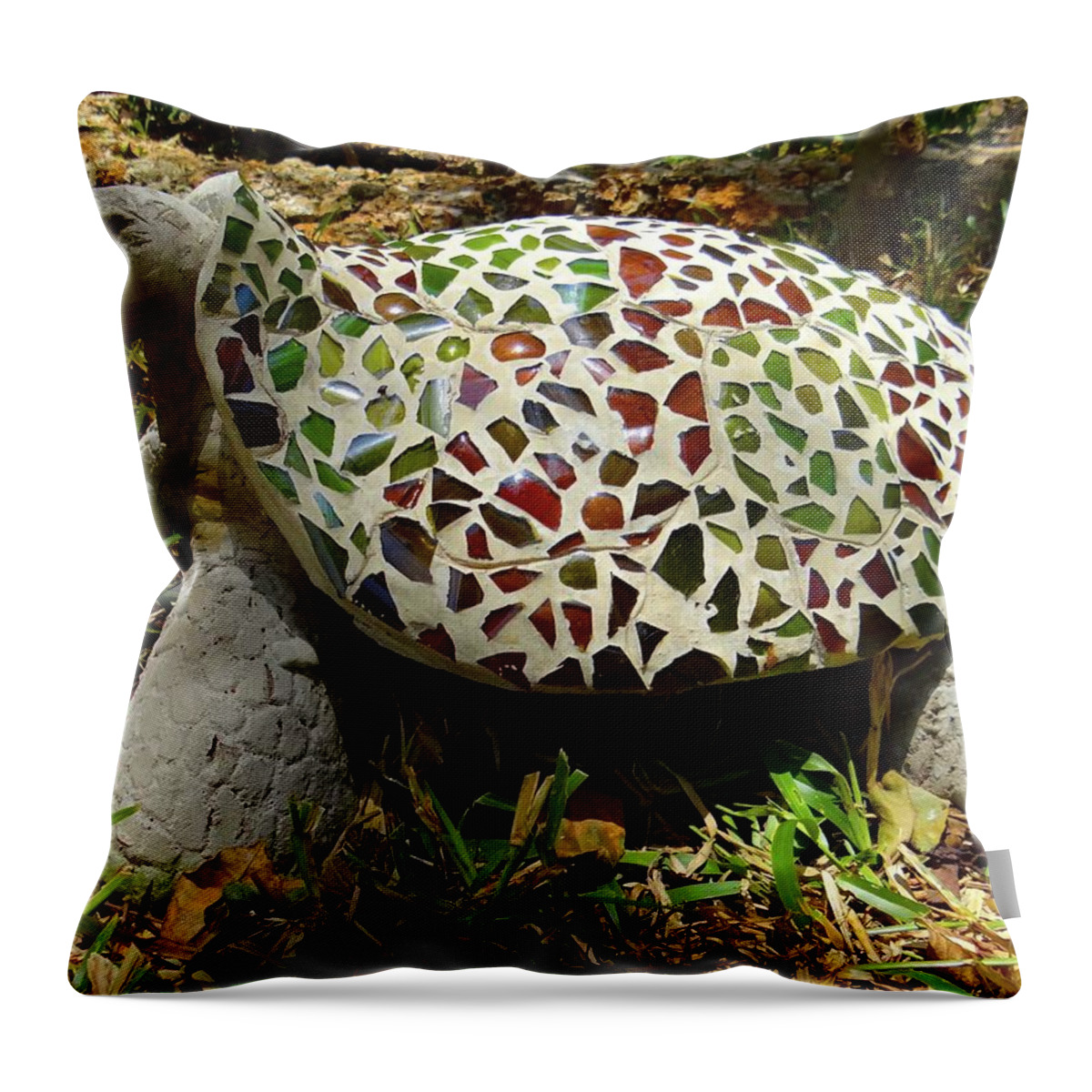 Exploramum Throw Pillow featuring the photograph Mosaic and beer bottle glass turtle by Exploramum Exploramum