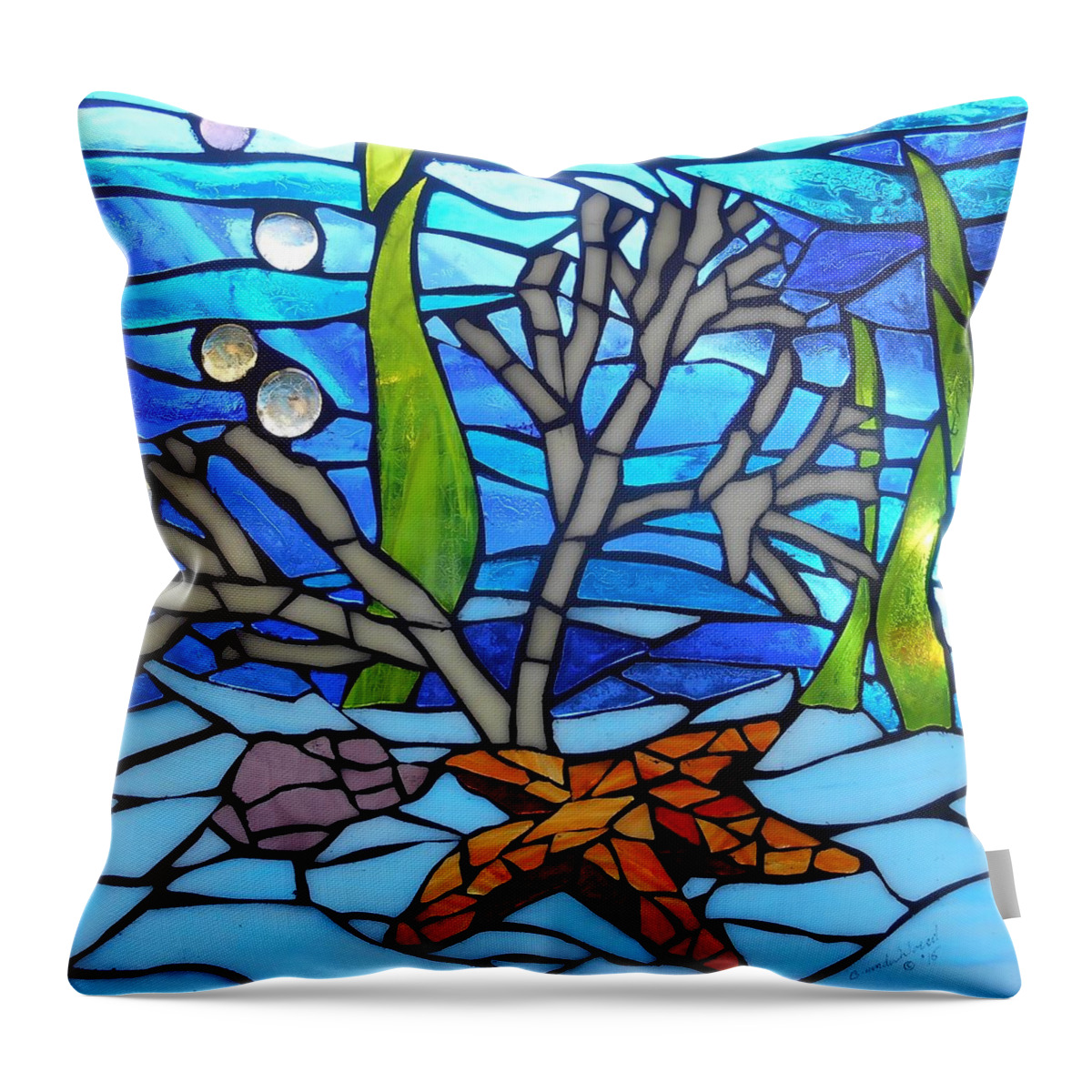 Mosaic Throw Pillow featuring the glass art Mosaic Stained Glass - Jewels Beneath by Catherine Van Der Woerd