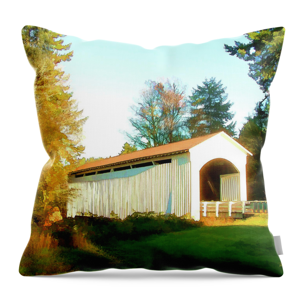 Covered Bridges Throw Pillow featuring the photograph Mosby Creek Covered Bridge by Wendy McKennon
