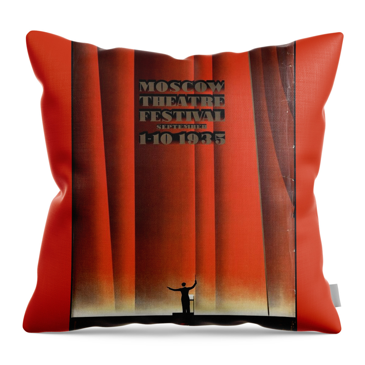 Moscow Throw Pillow featuring the photograph Moscow Theatre Festival 1935 - Russia - Retro travel Poster - Vintage Poster by Studio Grafiikka