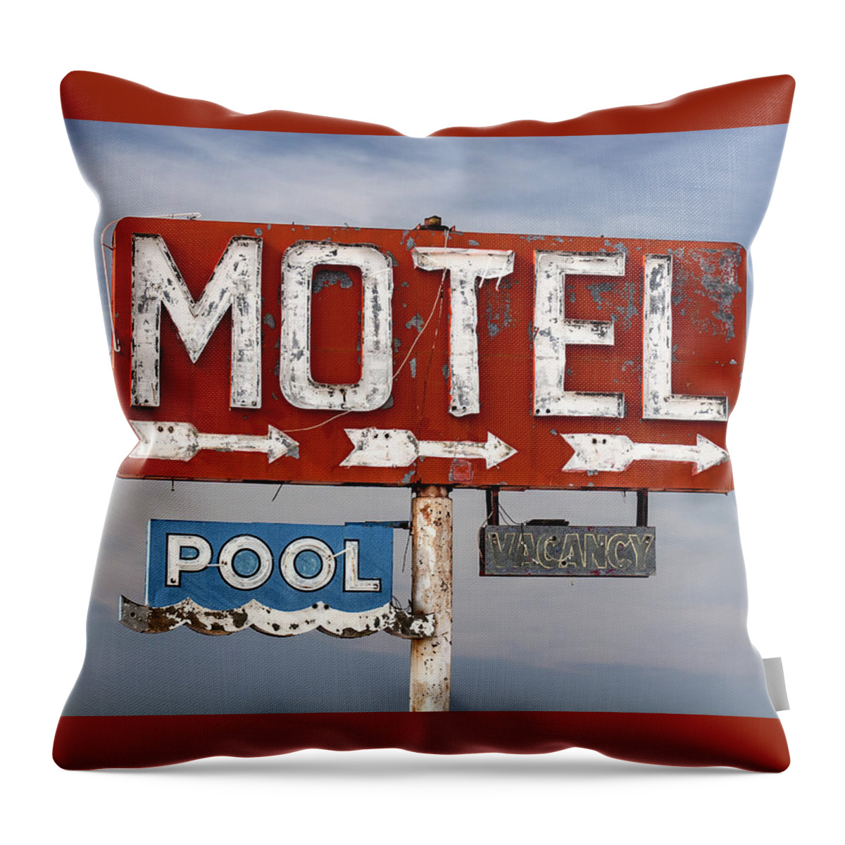 Route 66 Throw Pillow featuring the photograph Motel and Pool Sign Route 66 by Carol Leigh
