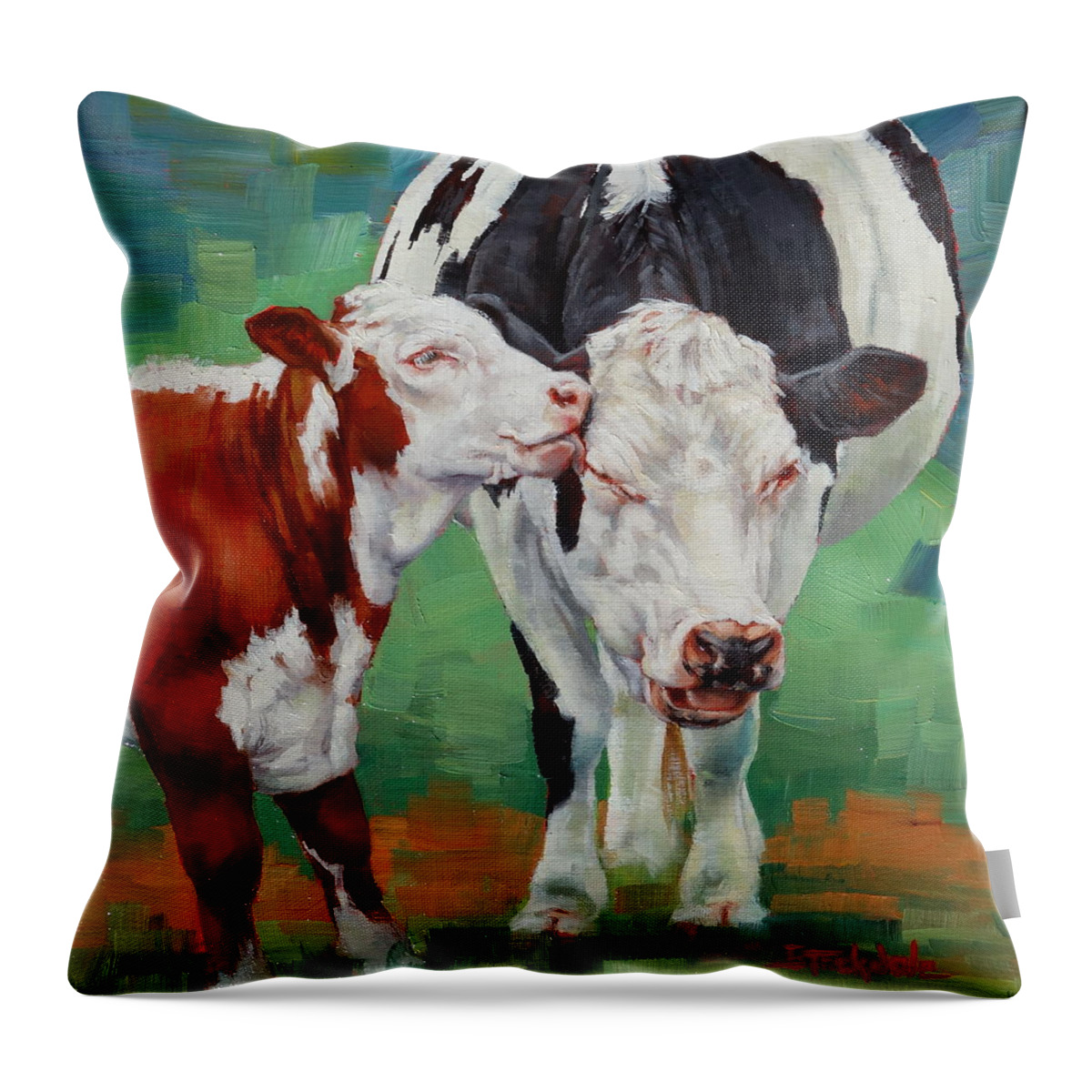 Cows Throw Pillow featuring the painting Mother And Son by Margaret Stockdale
