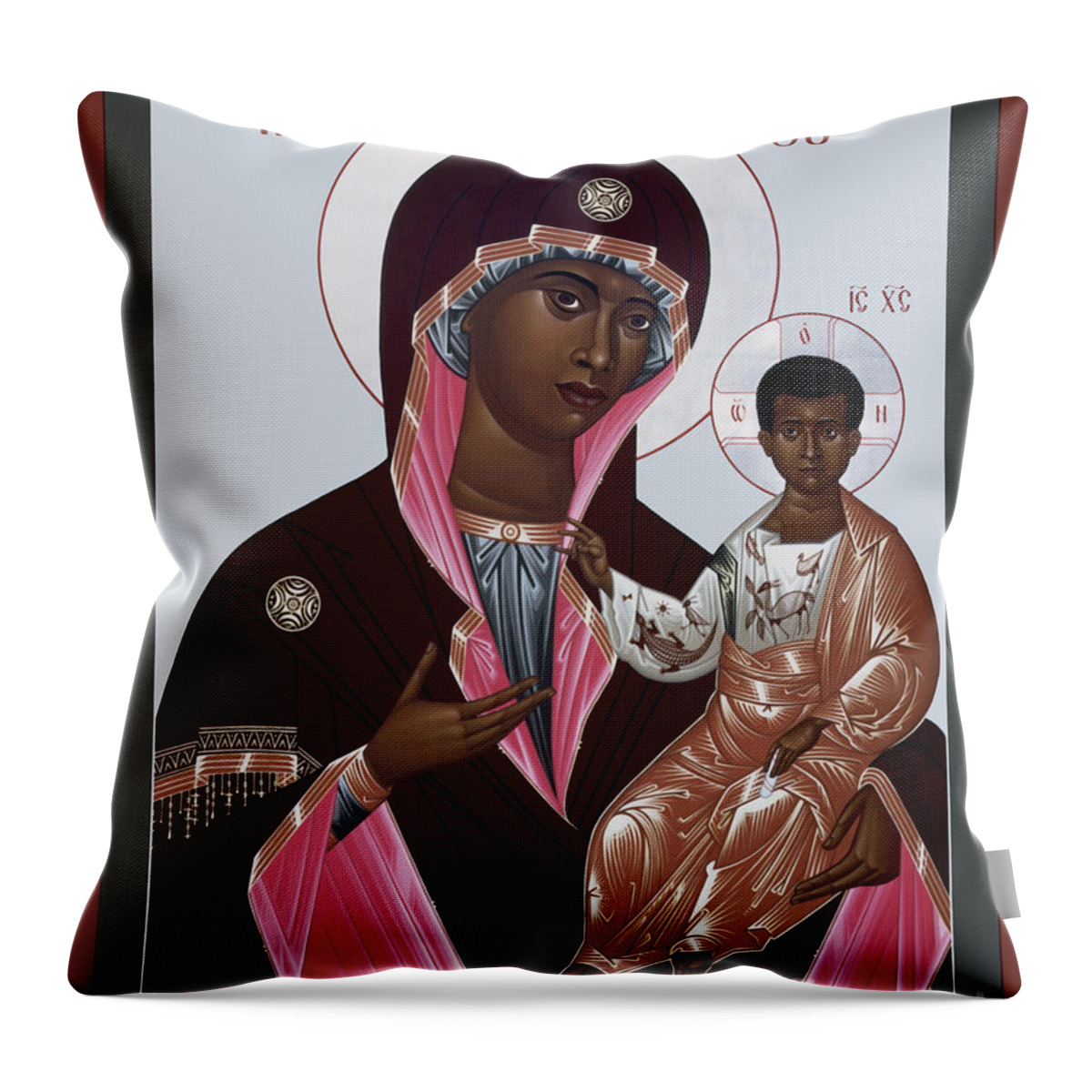 Mother Of God: Protectress Of Oppressed Throw Pillow featuring the painting Mother of God - Protectress of the Oppressed - RLPOO by Br Robert Lentz OFM