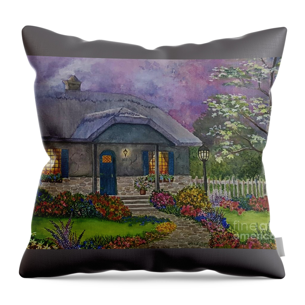 English Garden Throw Pillow featuring the painting Mother's Cottage by Lisa Debaets