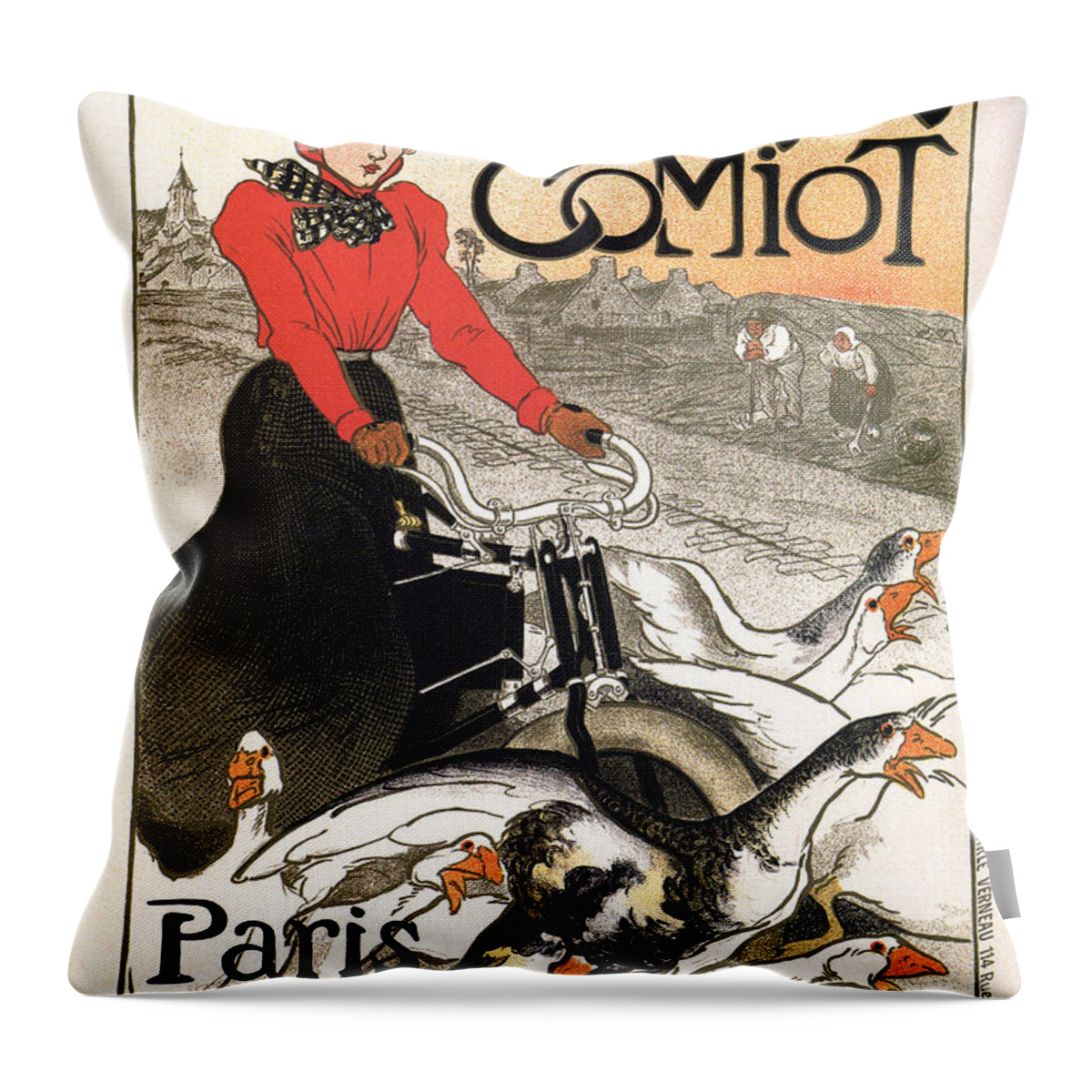 Vintage Throw Pillow featuring the mixed media Motocycles Comiot - Paris - Vintage Advertising Poster by Studio Grafiikka