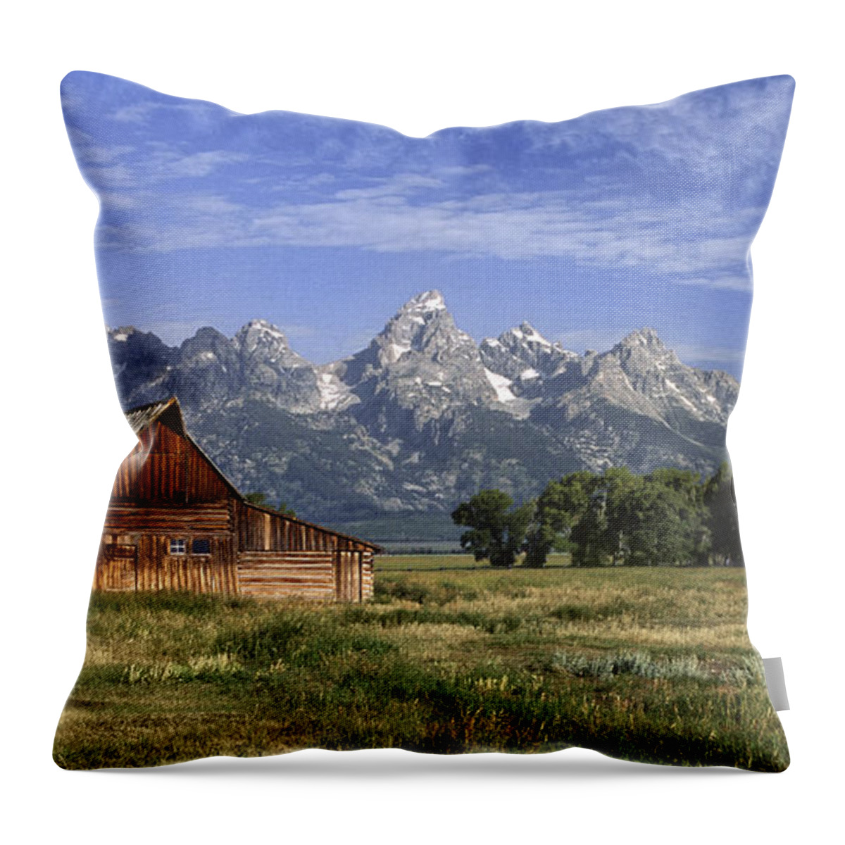 Grand Teton Throw Pillow featuring the photograph Moulton Barn In The Tetons by Sandra Bronstein