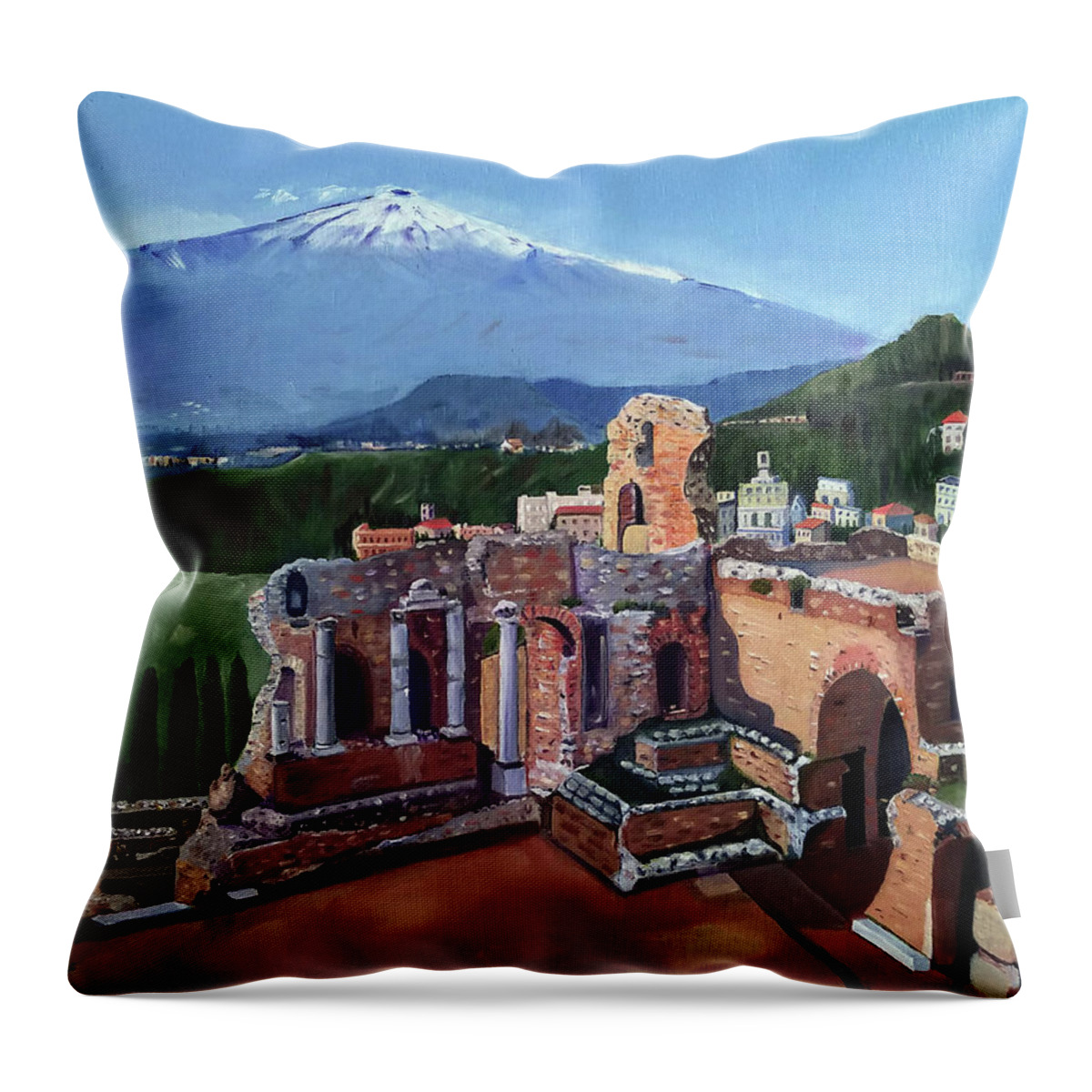 Oil Throw Pillow featuring the painting Mount Etna and Greek Theater in Taormina Sicily by Mary Capriole