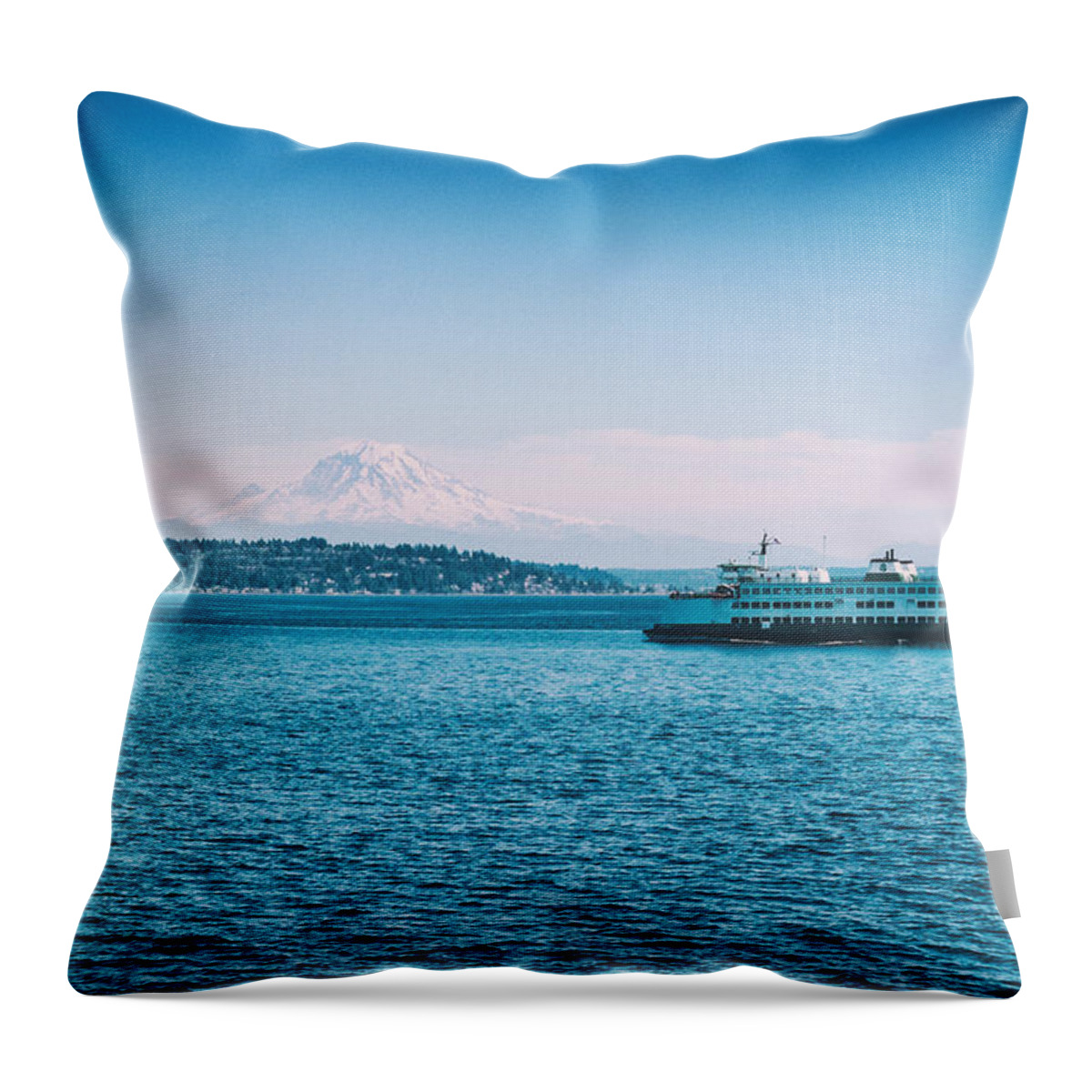 Mount Rainier Throw Pillow featuring the photograph Mount Rainier and Ferry Boat by Tanya Harrison