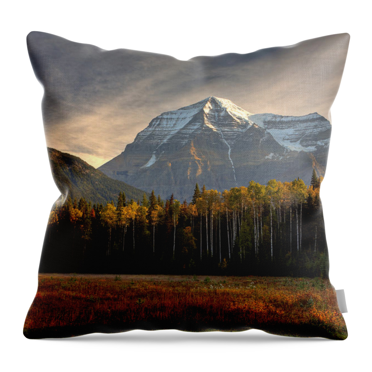 Meadow Throw Pillow featuring the digital art Mount Robson in autumn by Mark Duffy