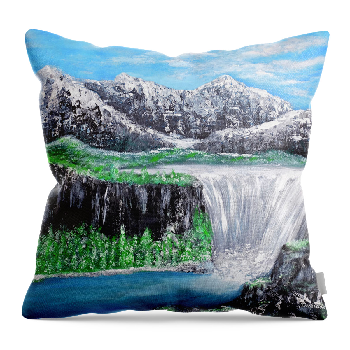 Landscape Throw Pillow featuring the painting Mountain Falls by Dick Bourgault