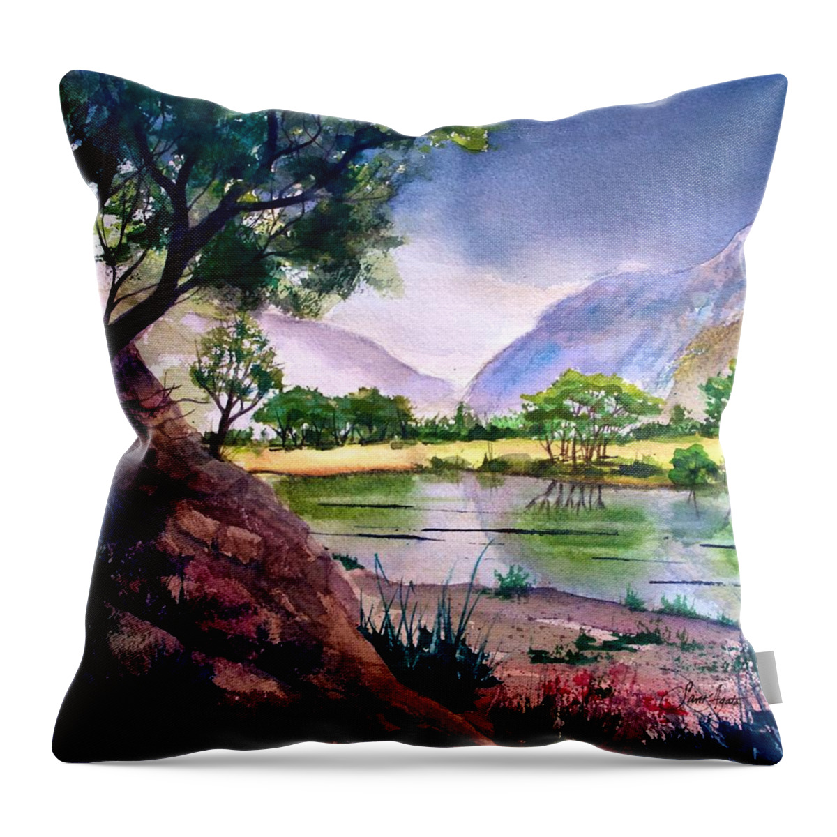 Mountains Throw Pillow featuring the painting Mountain Lake Memories by Frank SantAgata