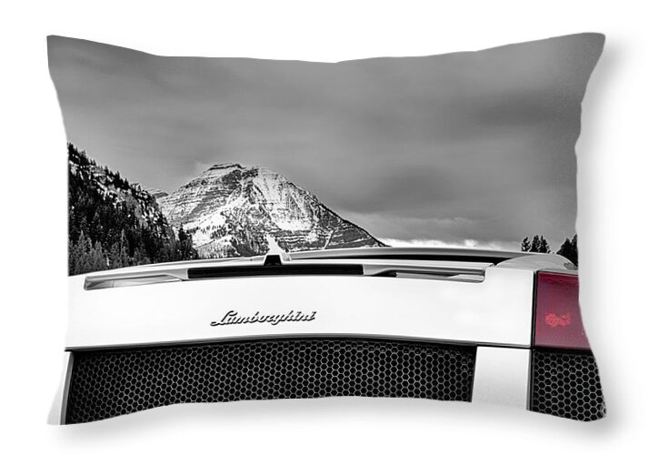Mountain Lamborghini Throw Pillow featuring the photograph Mountain Lamborghini, White, Christmas Gift for Husband, Lambo, by David Millenheft