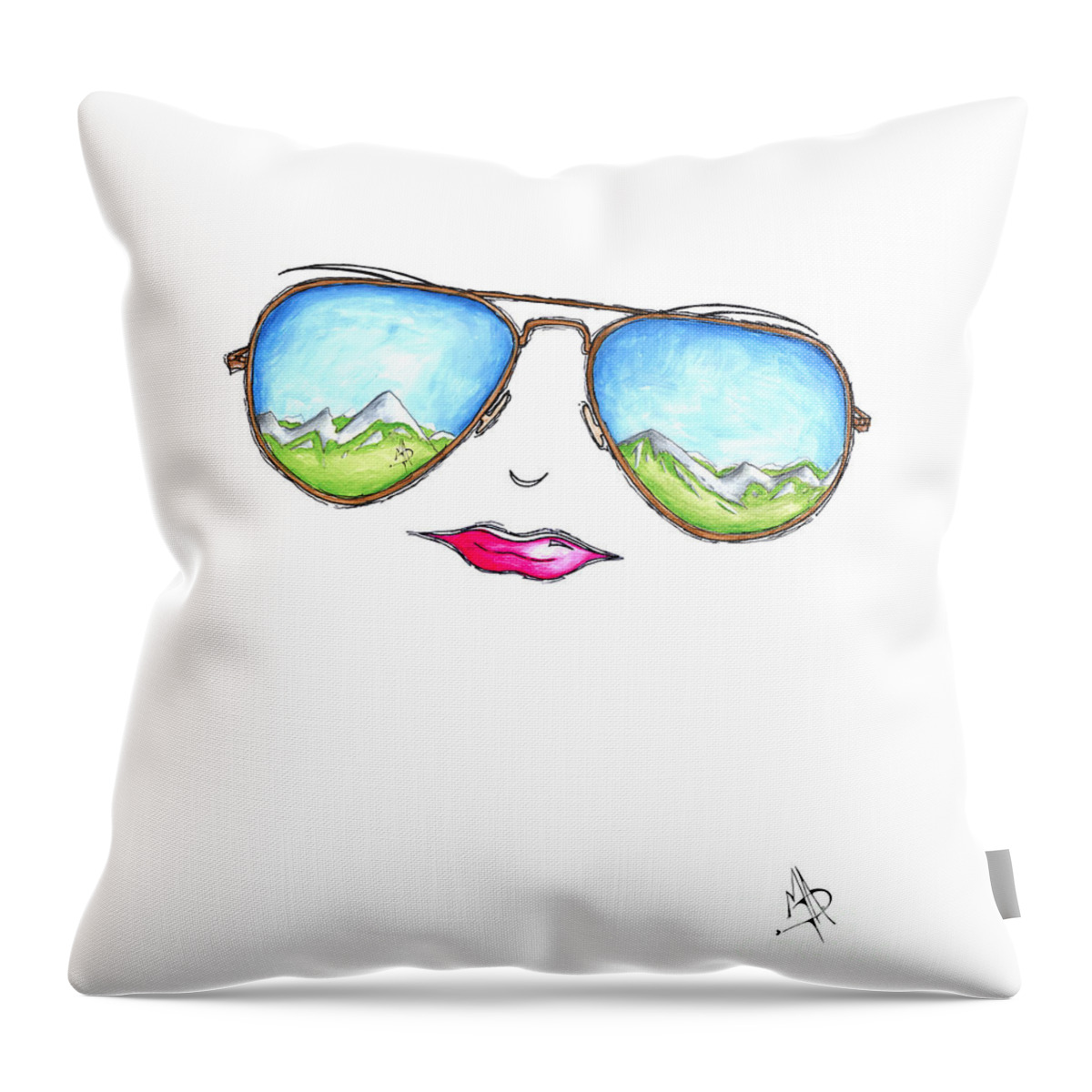 Aviator Throw Pillow featuring the painting Mountain View Aviator Sunglasses PoP Art Painting Pink Lips Aroon Melane 2015 Collection by Megan Aroon