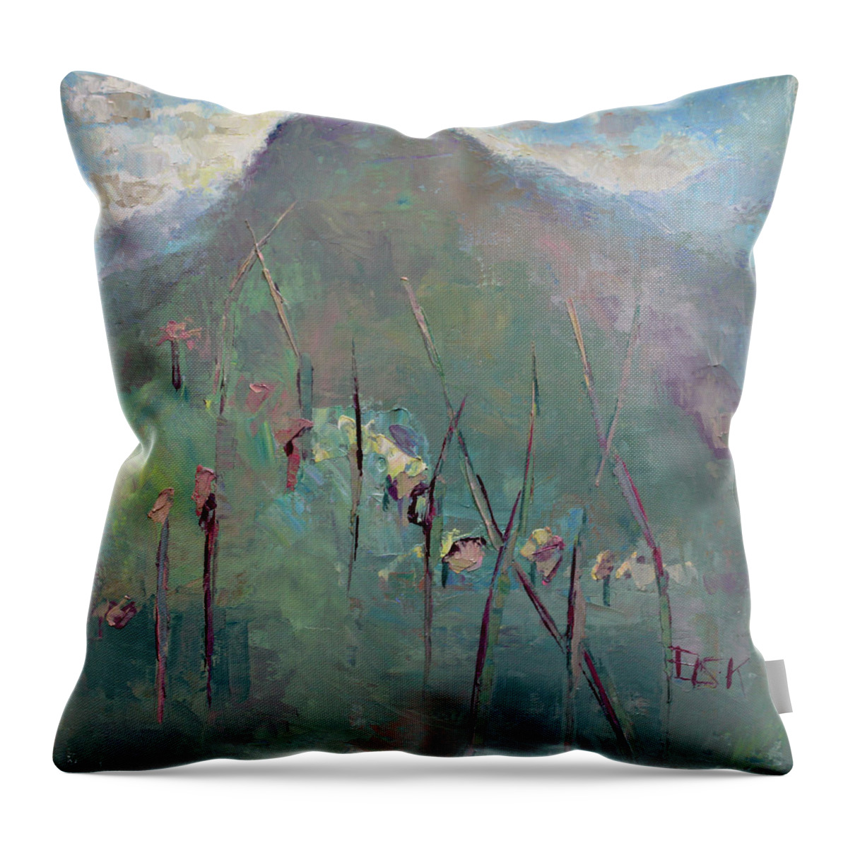 Landscape Throw Pillow featuring the painting Mountain Visit by Becky Kim