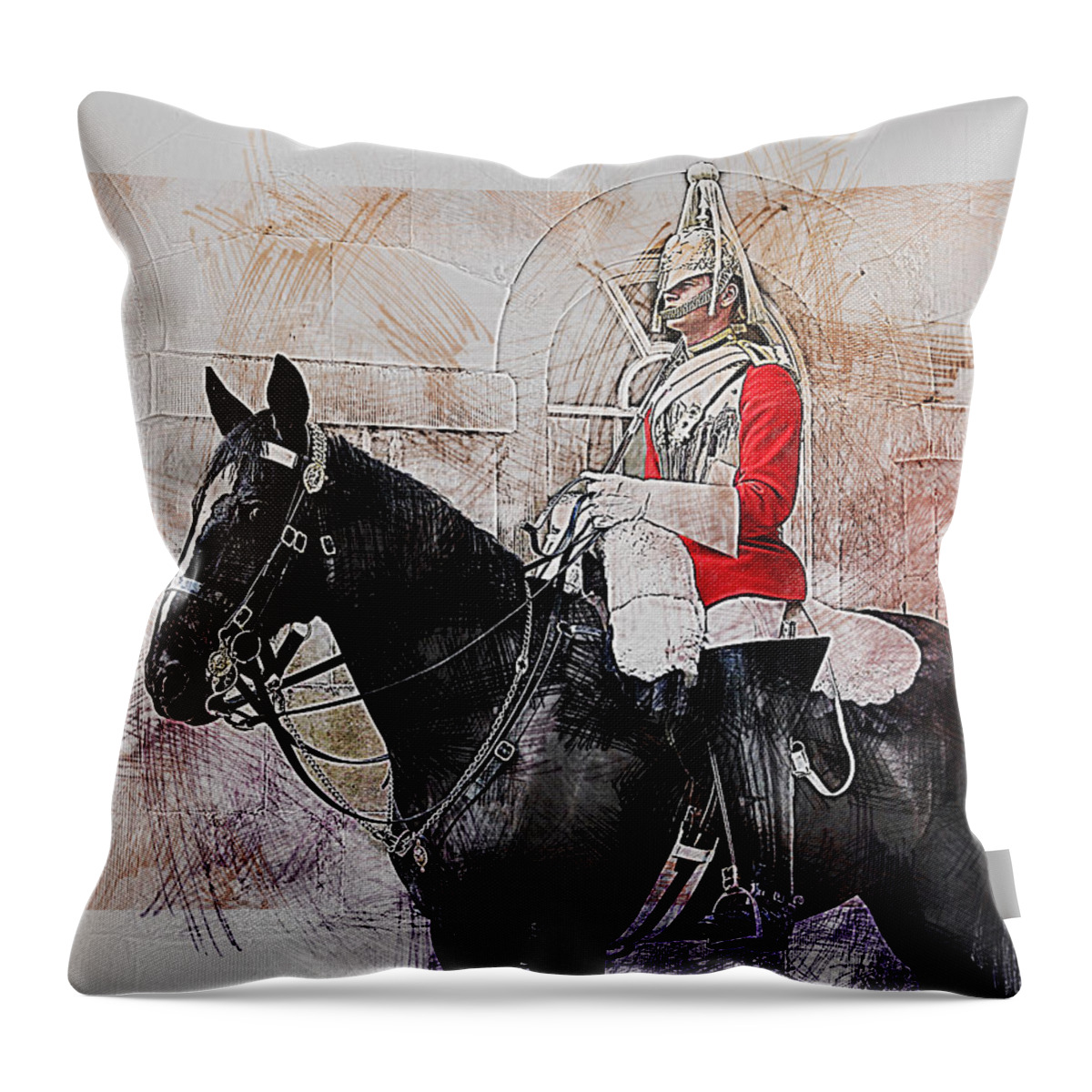 Household Cavalry Throw Pillow featuring the digital art Mounted Household Cavalry Soldier On Guard Duty in Whitehall Lon by Anthony Murphy