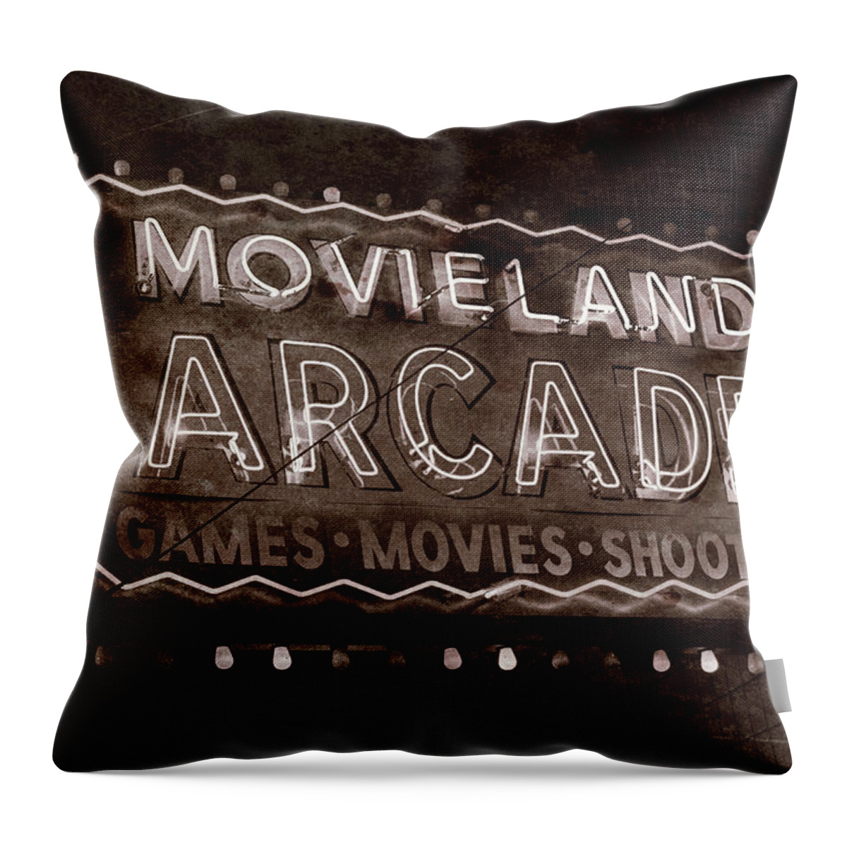 Movieland Throw Pillow featuring the photograph Movieland Arcade - Gritty by Stephen Stookey