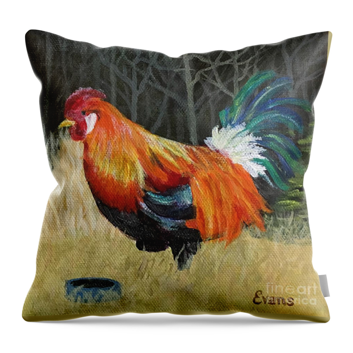 Rooster Throw Pillow featuring the painting Mr. Rainbow by Lynda Evans