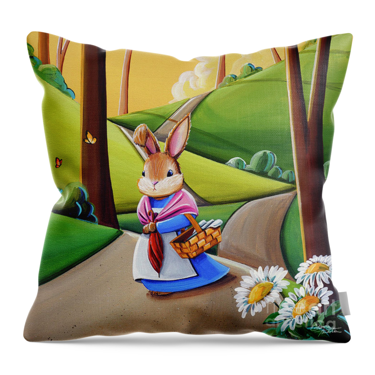 Peter Rabbit Throw Pillow featuring the painting Mrs. Rabbit Heads Out by Cindy Thornton