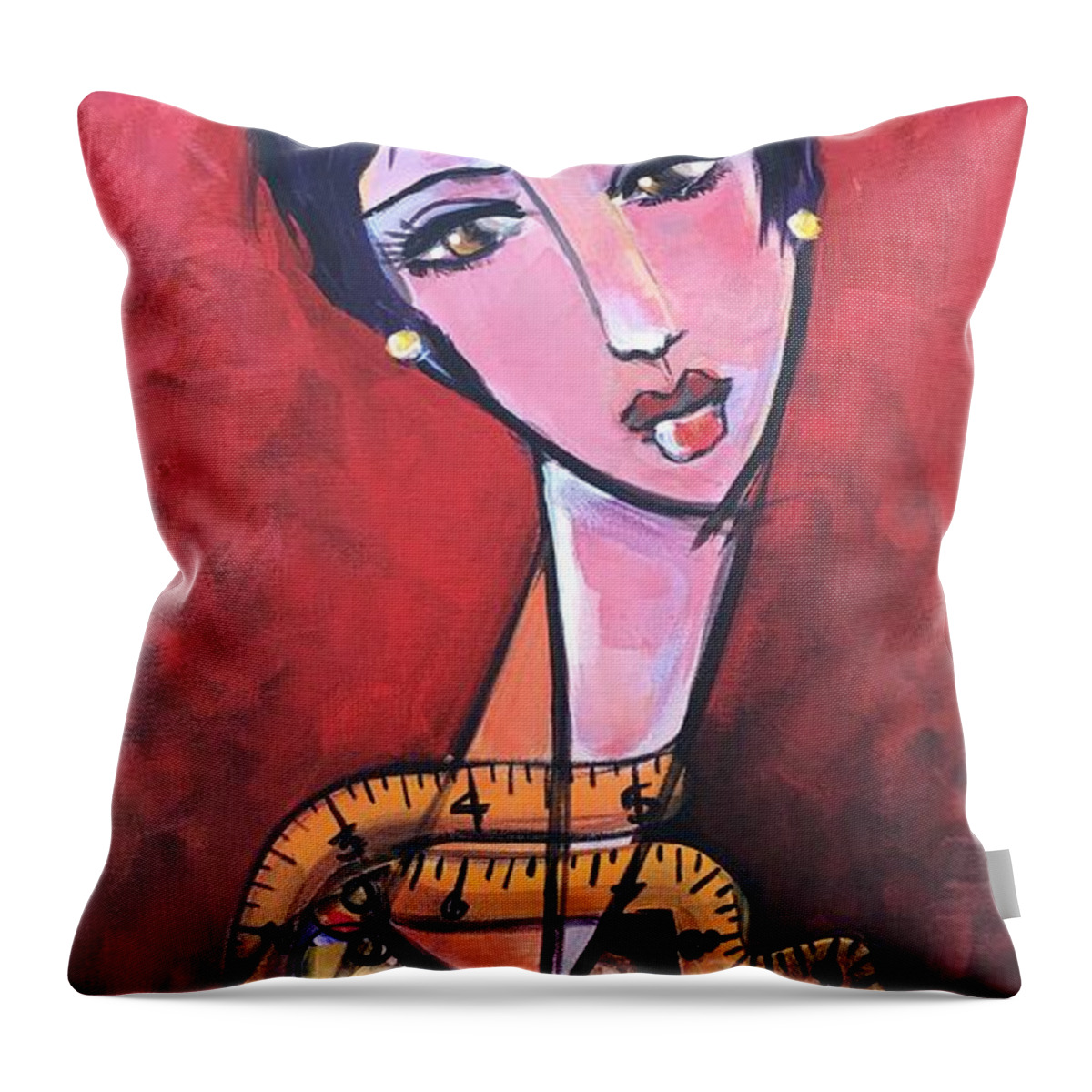 Seamstress Throw Pillow featuring the painting Ms. Bimba Fashionable Seamstress by Laurie Maves ART