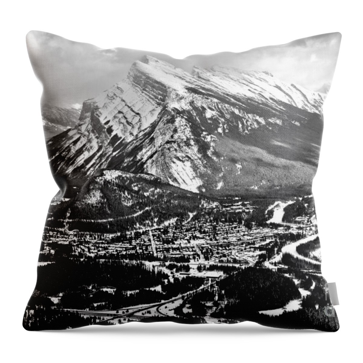 Mt Rundle Throw Pillow featuring the photograph Mt Rundle Aerial View Black And White by Adam Jewell