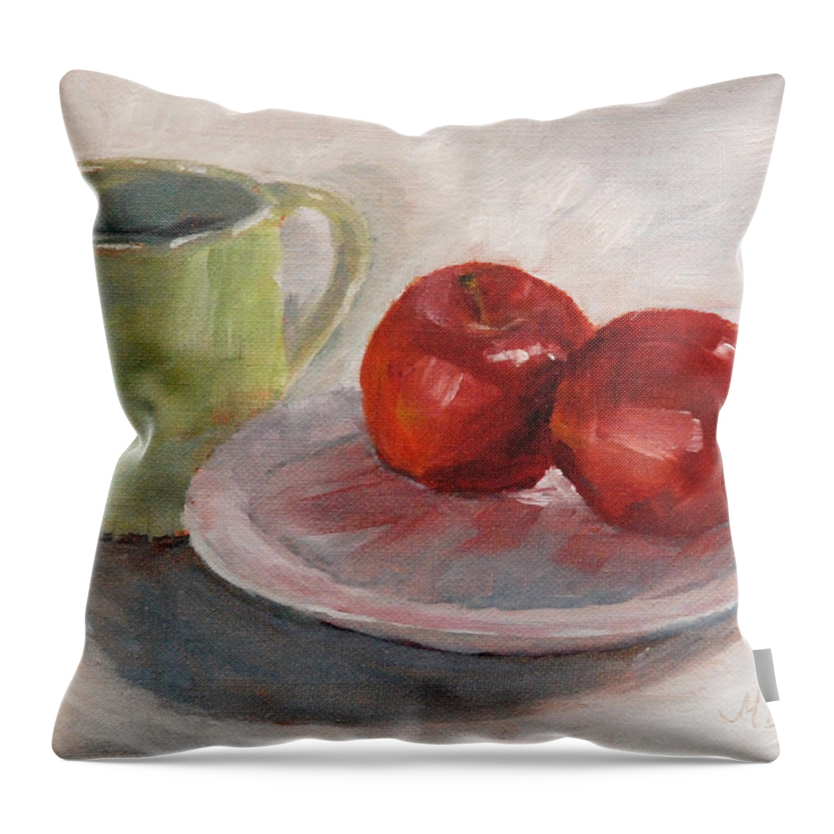 Apple Throw Pillow featuring the painting Mugging for Apples by Mary Benke