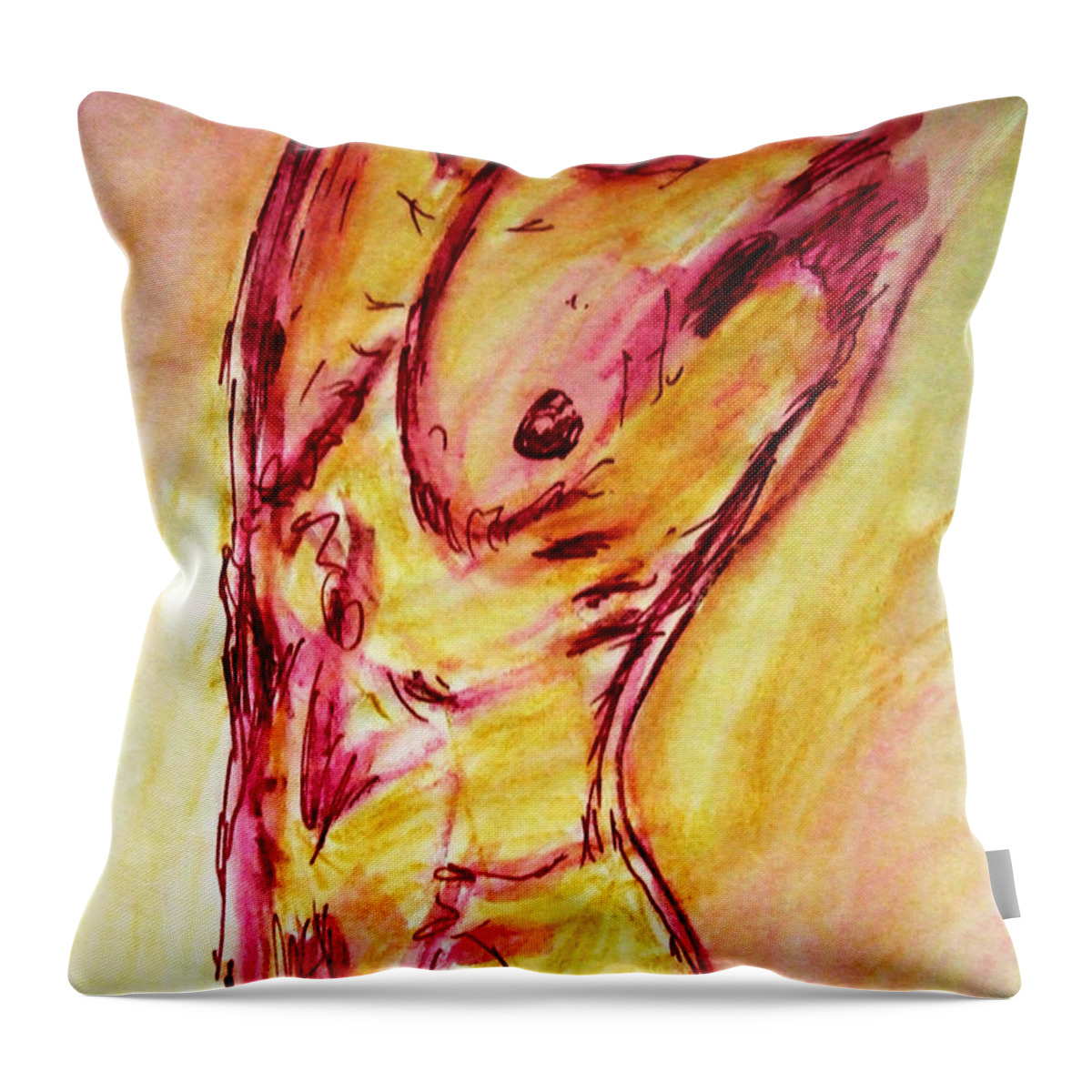Muscle Throw Pillow featuring the painting Muscled Male Nude Arched Back in a Classic Erotic Model Pose in Watercolor Purple and Yellow Sketch by M Zimmerman