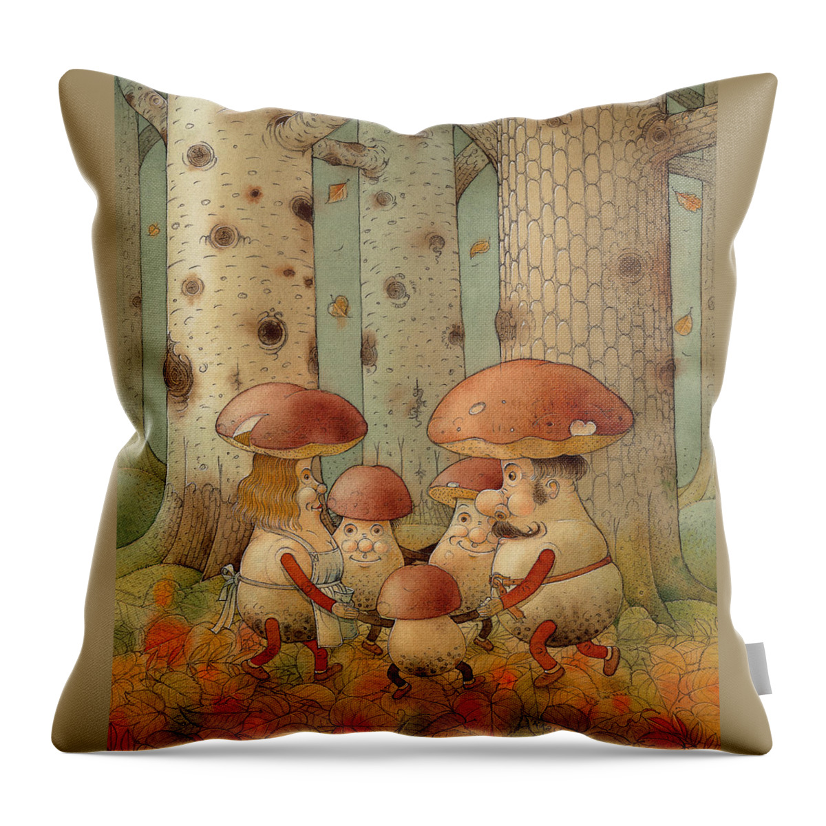 Mushrooms Landscape Forest Autumn Throw Pillow featuring the painting Mushrooms by Kestutis Kasparavicius