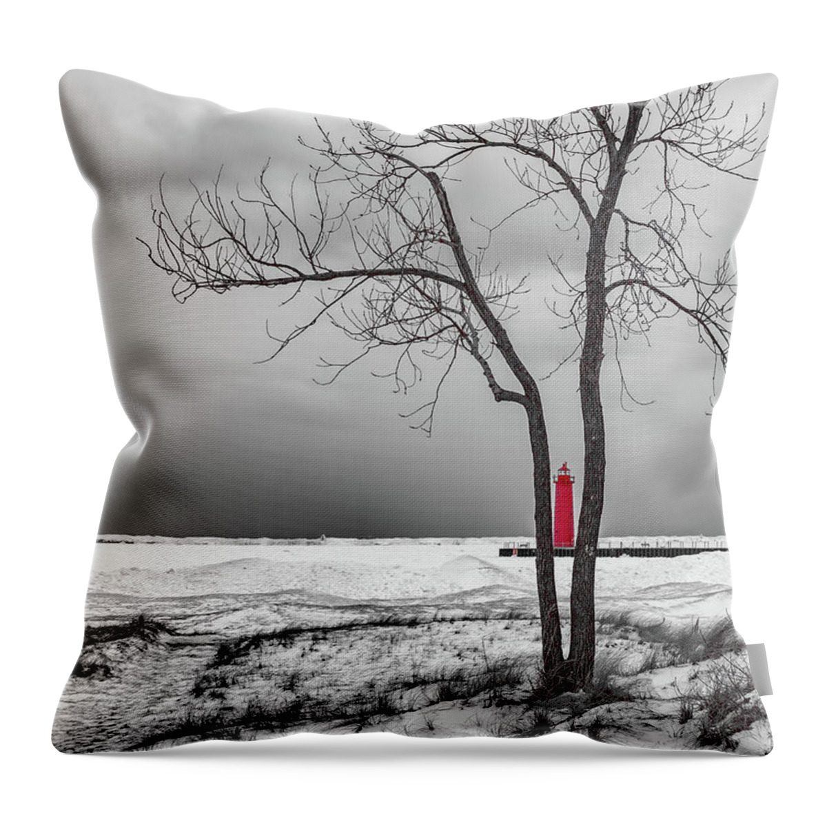 Clouds Throw Pillow featuring the photograph Muskegon Lighthouse in Winter by Joe Holley