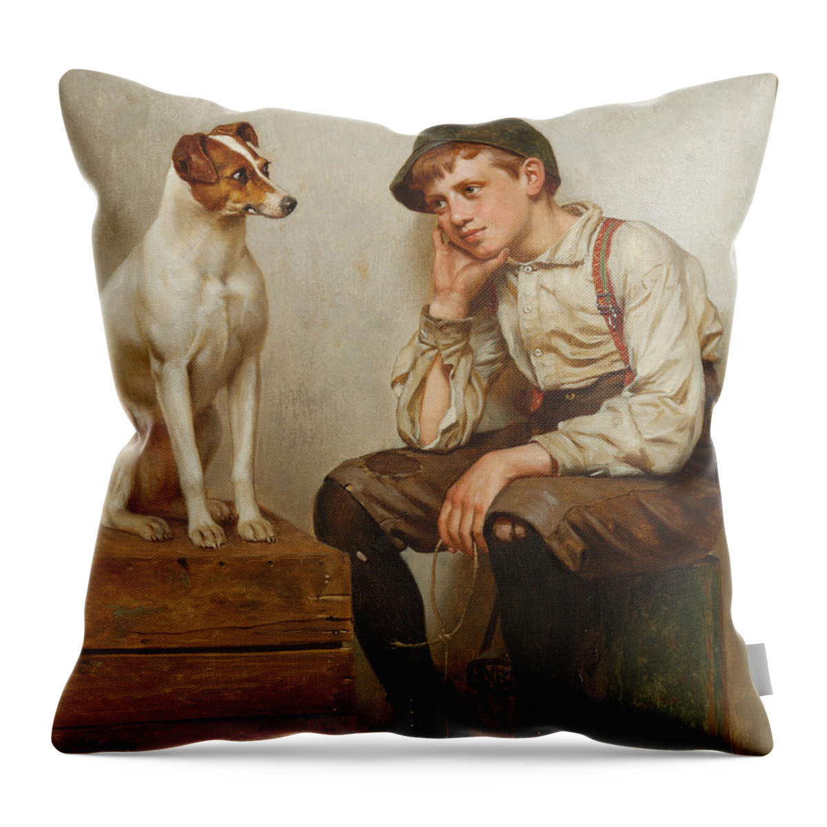 Brown Throw Pillow featuring the painting Mutual Admiration by John George Brown