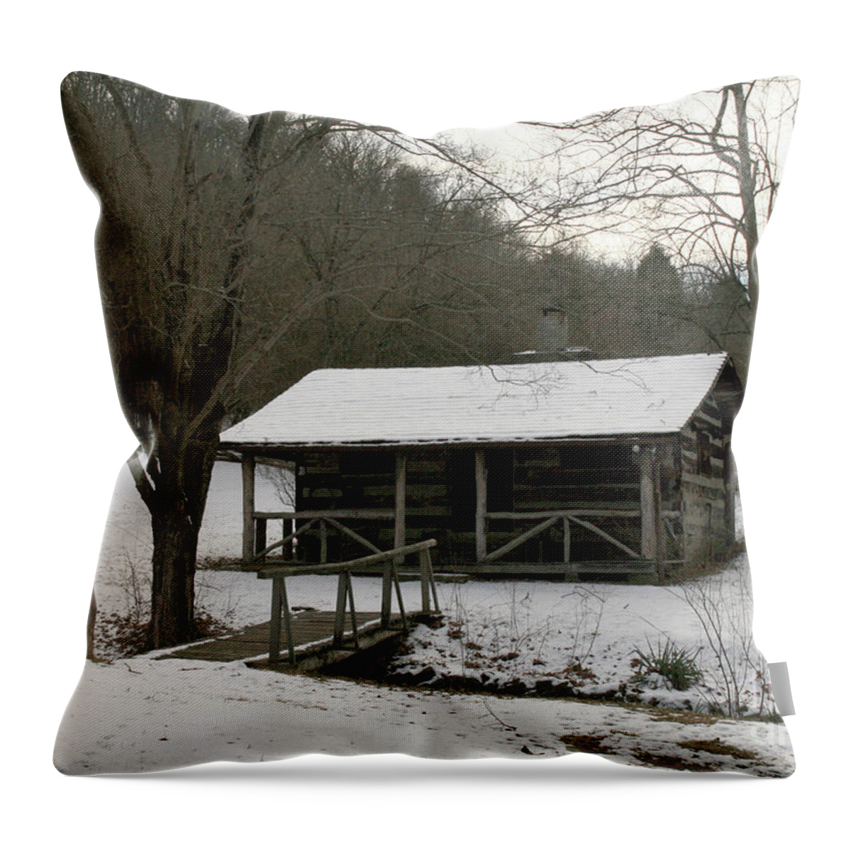 Cabin Throw Pillow featuring the photograph My Lil Cabin Home On The Hill in Winter by Melissa Mim Rieman