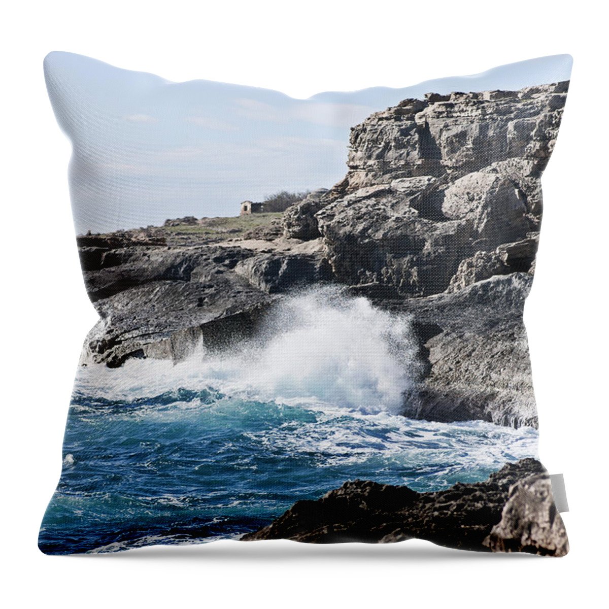Beach Throw Pillow featuring the photograph Brave sea in Menorca north shore - My little home in paradise by Pedro Cardona Llambias