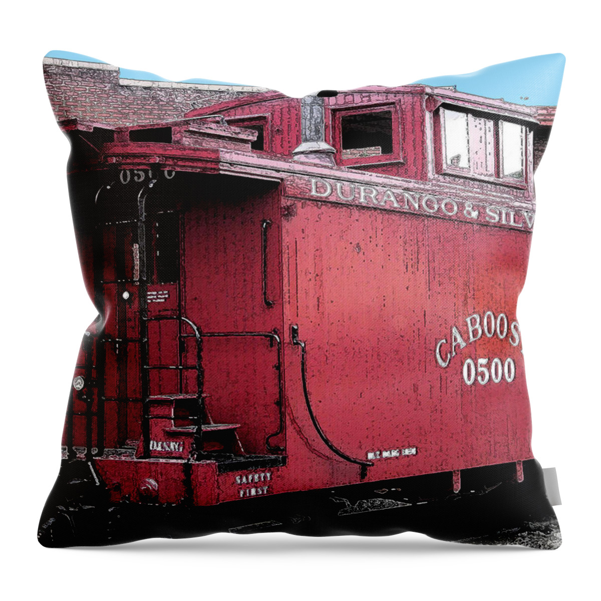 Durango Throw Pillow featuring the digital art My Little Red Caboose by Gary Baird