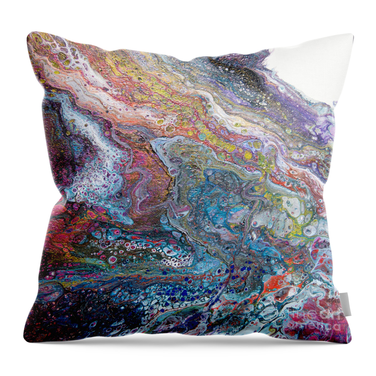 Fluid Art Acrylics Soft Glowing Colorful Gracefull Patterns Shades Of Blue And A Rainbow Throw Pillow featuring the painting My Pet Purple dragon Peeking by Priscilla Batzell Expressionist Art Studio Gallery