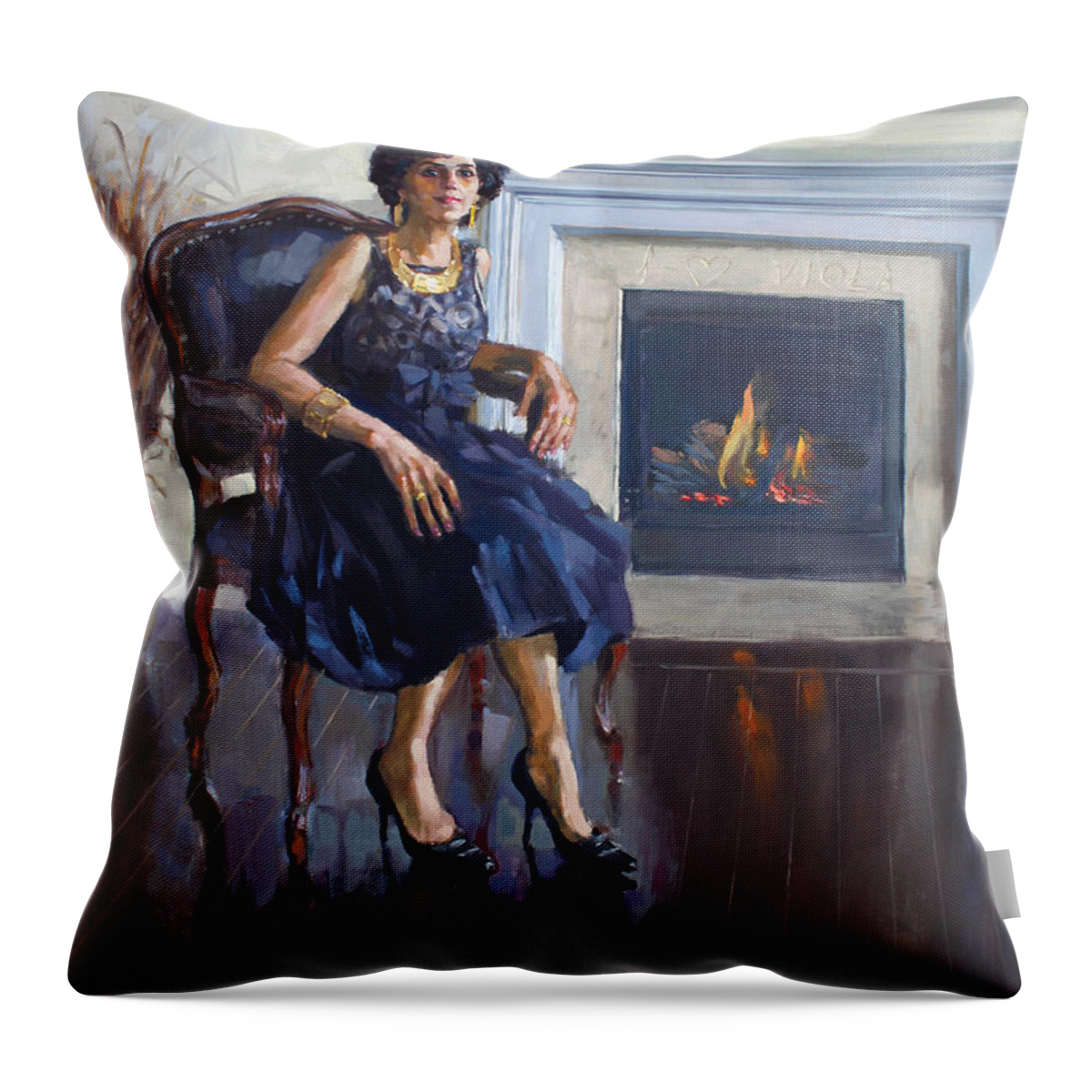 Lady Sitting Throw Pillow featuring the painting My Viola - the Birthday Girl by Ylli Haruni