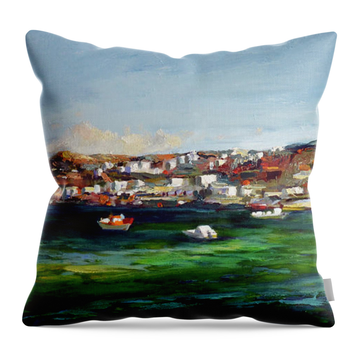  Throw Pillow featuring the painting Mykonos Harbour by Josef Kelly