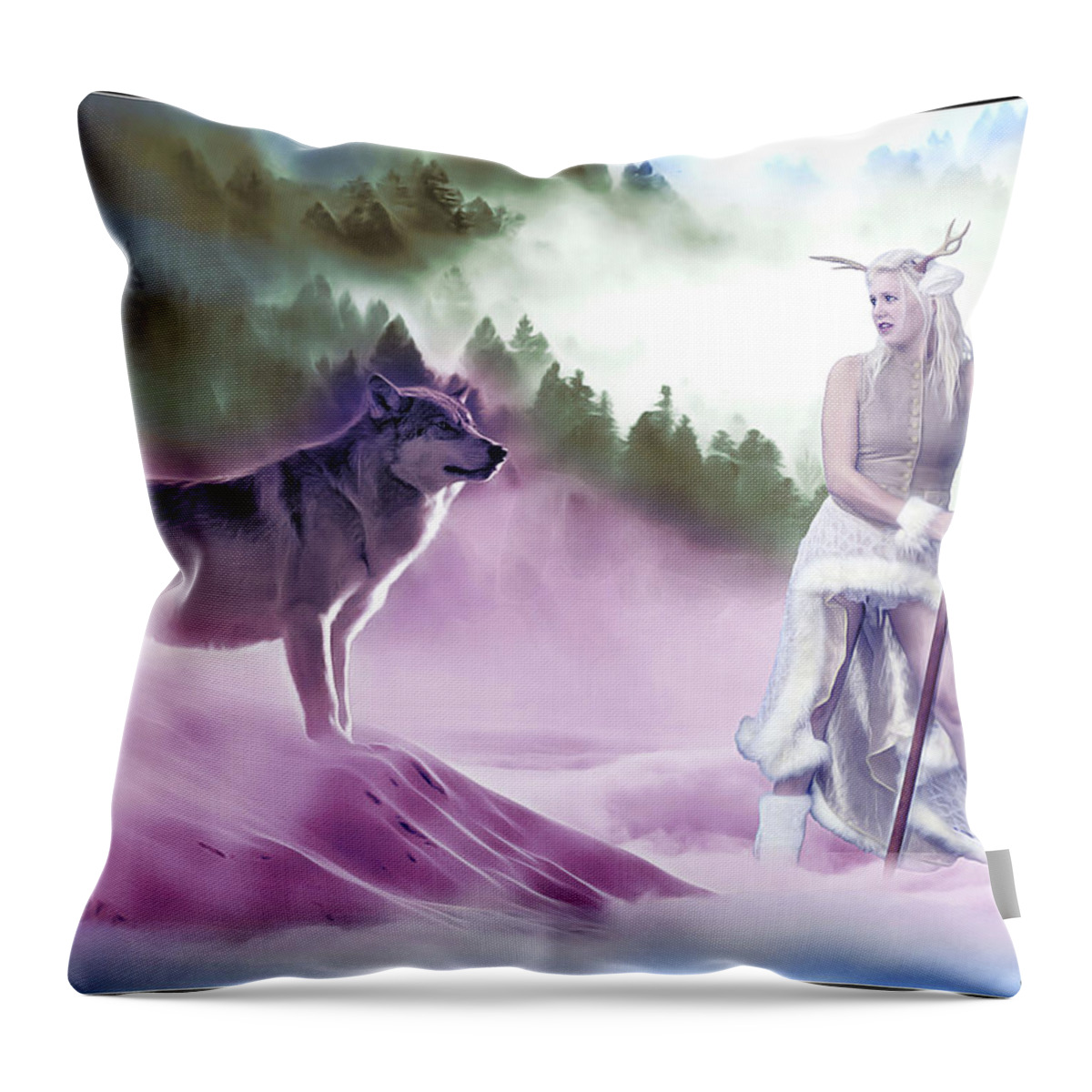 Mystic Throw Pillow featuring the photograph Mystic Guardian And The Wolf by Jon Volden