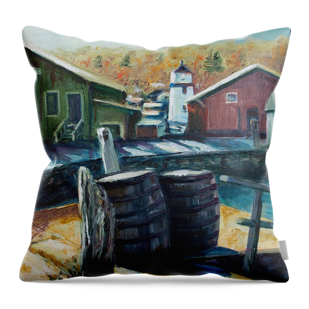 New England Throw Pillow featuring the painting Mystic Harbor by Rick Nederlof